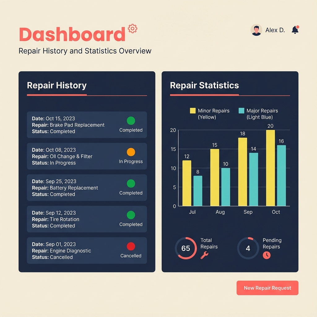 Dashboard z historią napraw i statystykami